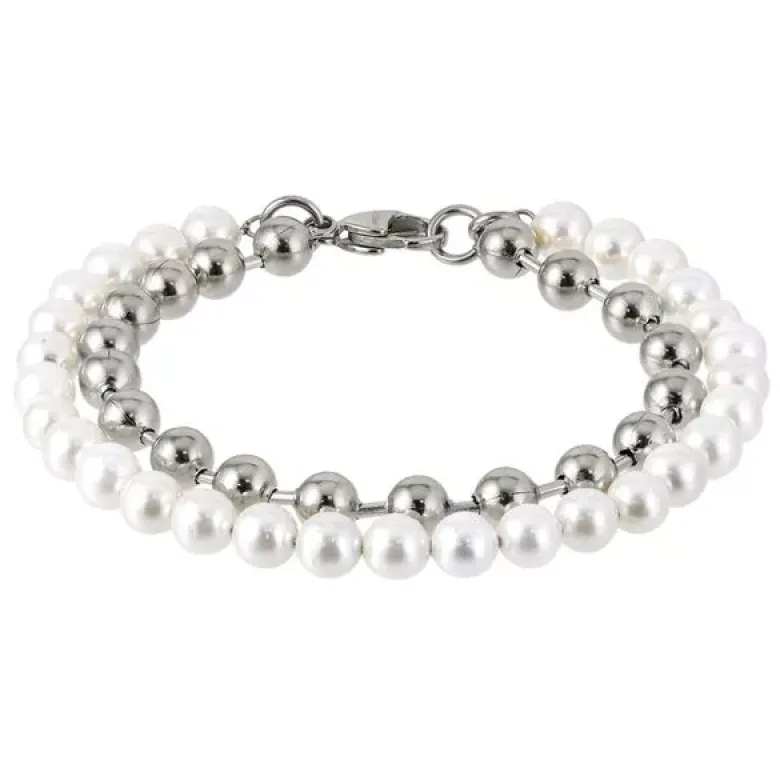 Steel Plus Pearl teräsrannekoru BSS906 SS+WHITE